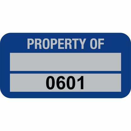 LUSTRE-CAL PROPERTY OF Label, 5 Alum Dark Blue 1.50in x 0.75in  1 Blank Pad & Serialized 0601-0700, 100PK 253769Ma2Bd0601
